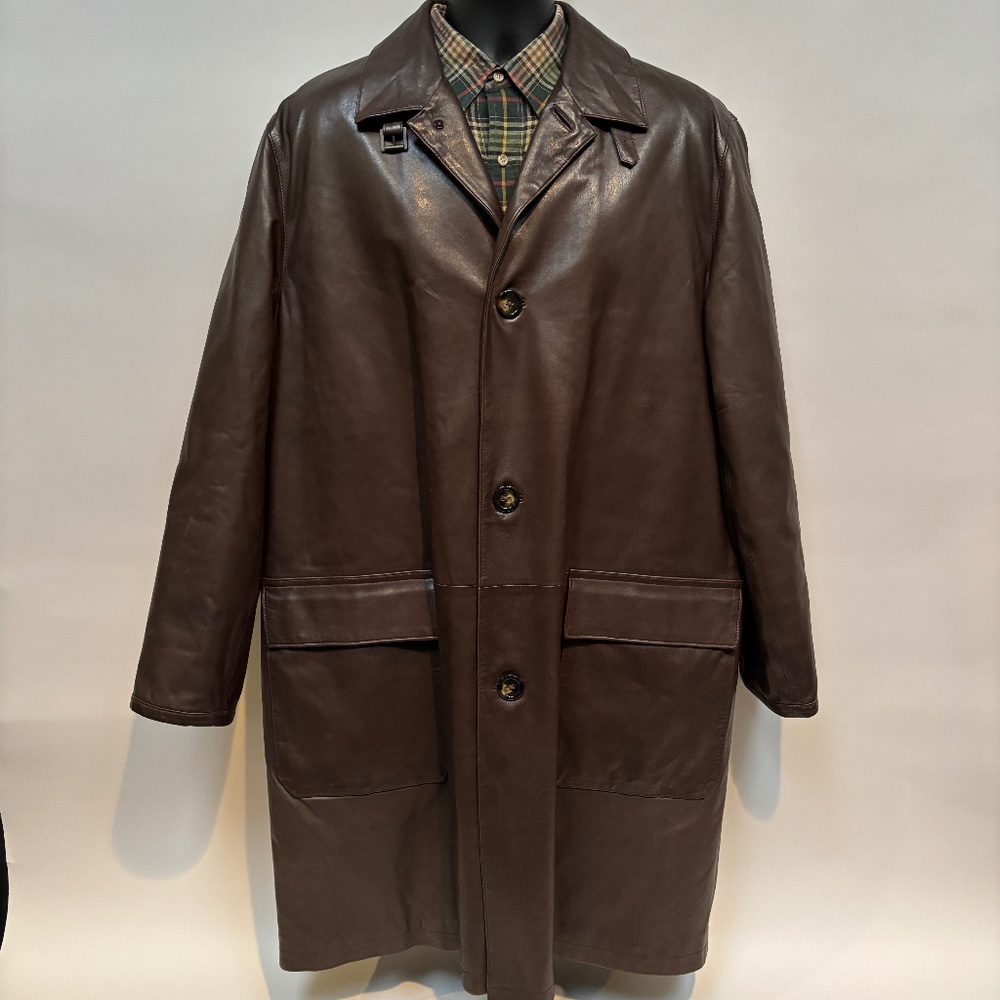 Polo Ralph Lauren Men’s Brown Leather Trench Coat Long Size L Vintage